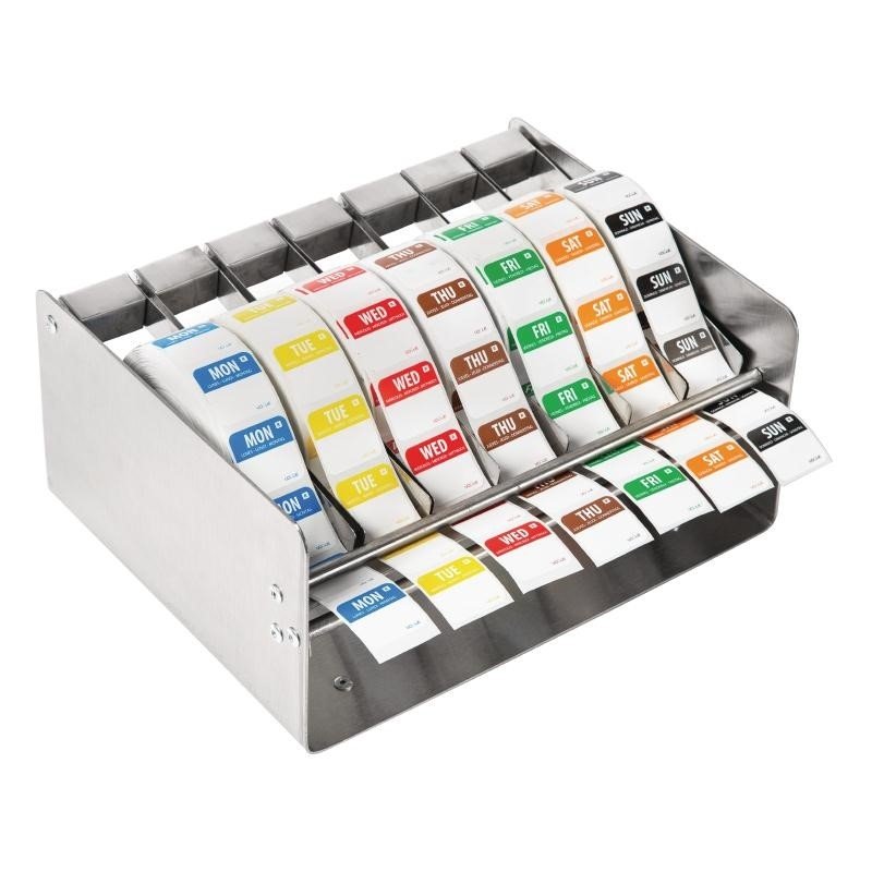 RVS stickerdispenser met afneembare kleurcode stickers voor de horeca